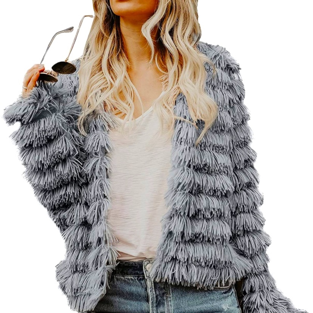 New w/o tags Gray Teddy Fringe Jacket Penny Lane Boho Faux Fur L